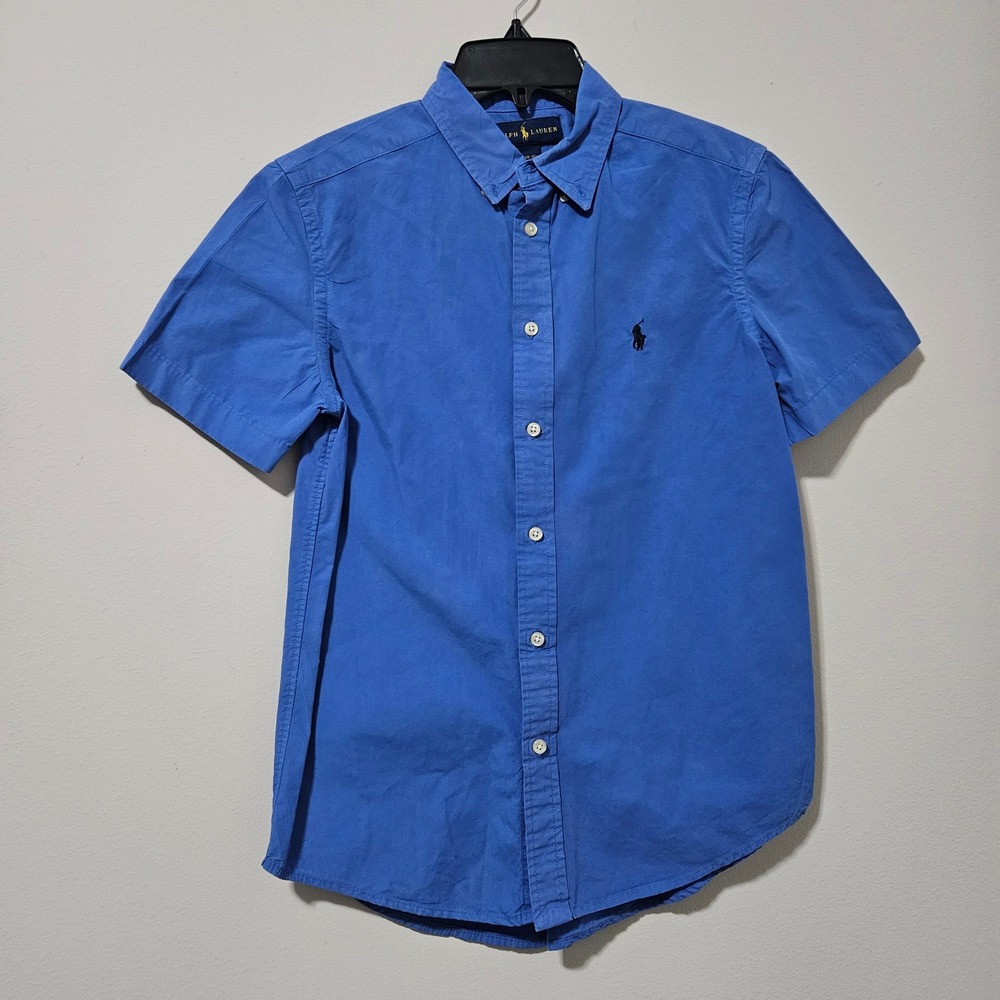Ralph Lauren Boys Blue Short Sleeve Button Down Shirt‎ Size L 14-16 Cotton Pony
